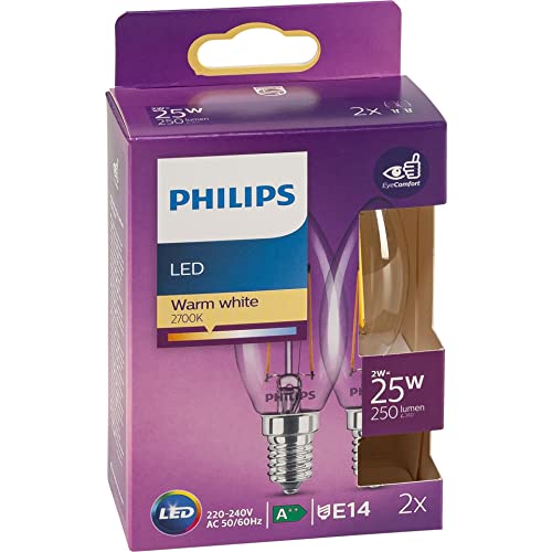 Philips Classic LED-ljuskälla, 25W, E14, B35, Klart glas, varmvitt ljus, 2700 kelvin, 15 000 timmar, Ej dimbar, 2-pack